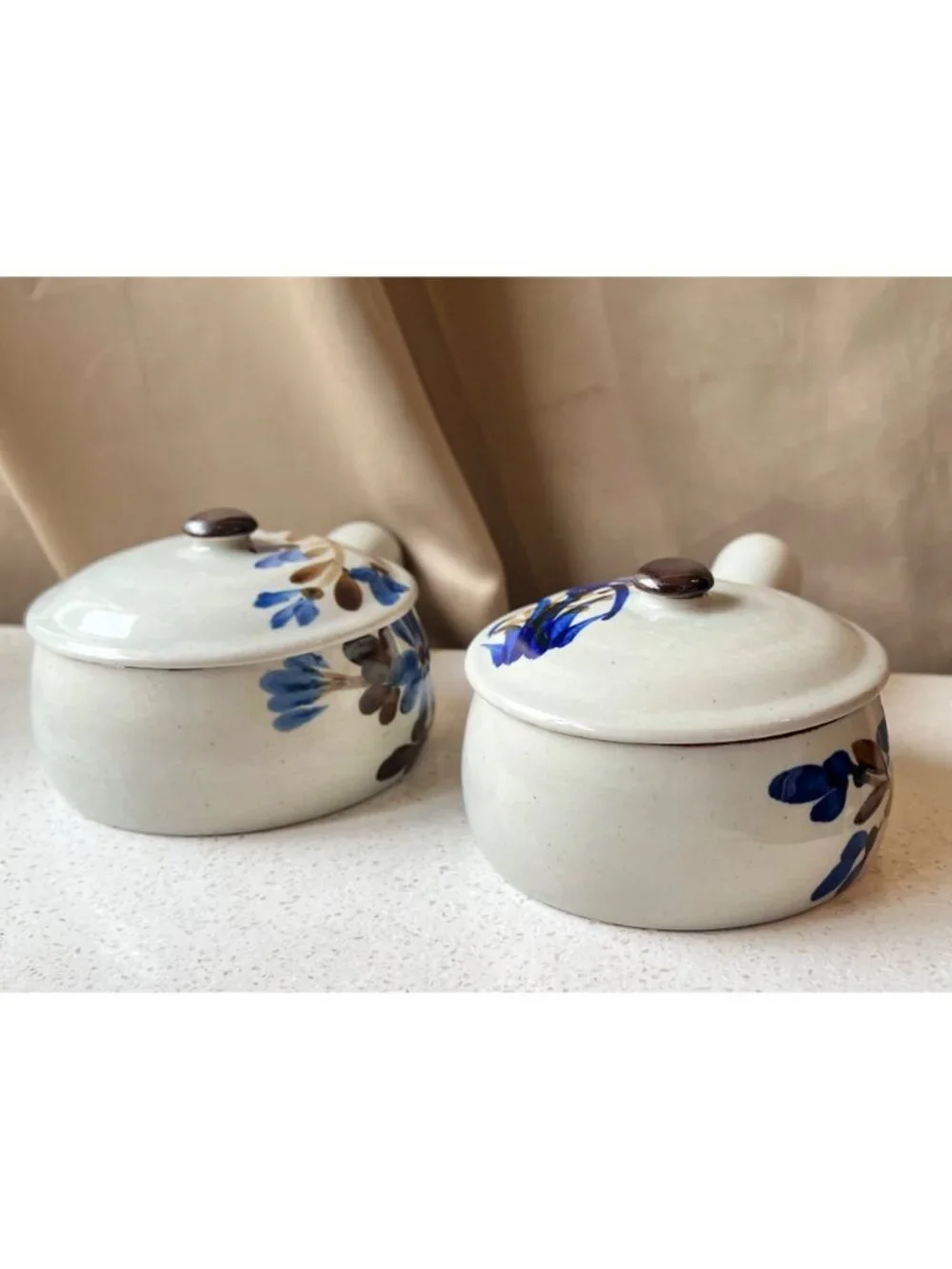 Ceramic Soup Bowls Lids & Handles Speckled Gray Blue Floral Ovenproof Set Of 2